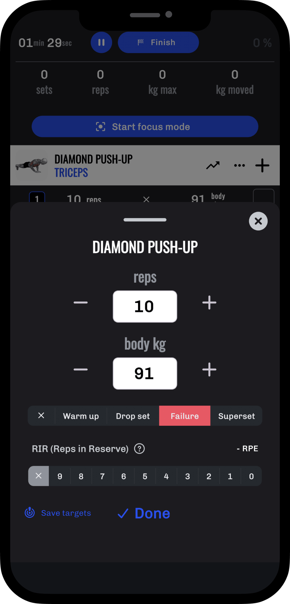 Mark warm-up, drop, failure, and superset work